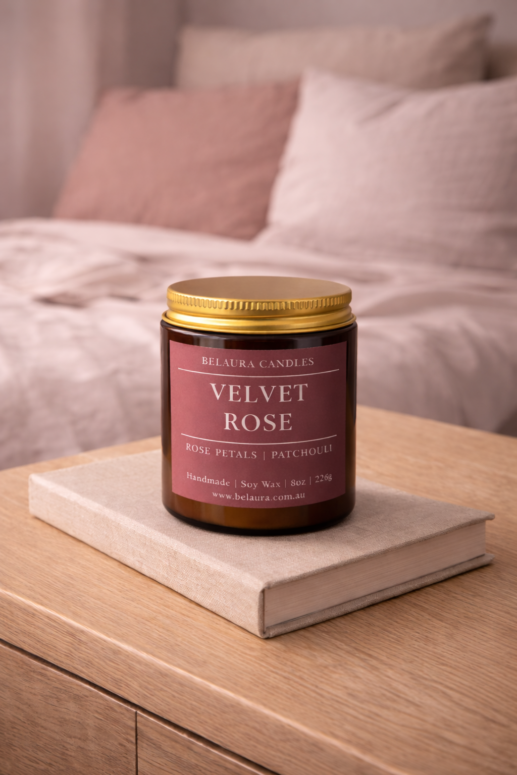 Hand-poured Velvet Rose soy candle with soft rose fragrance
