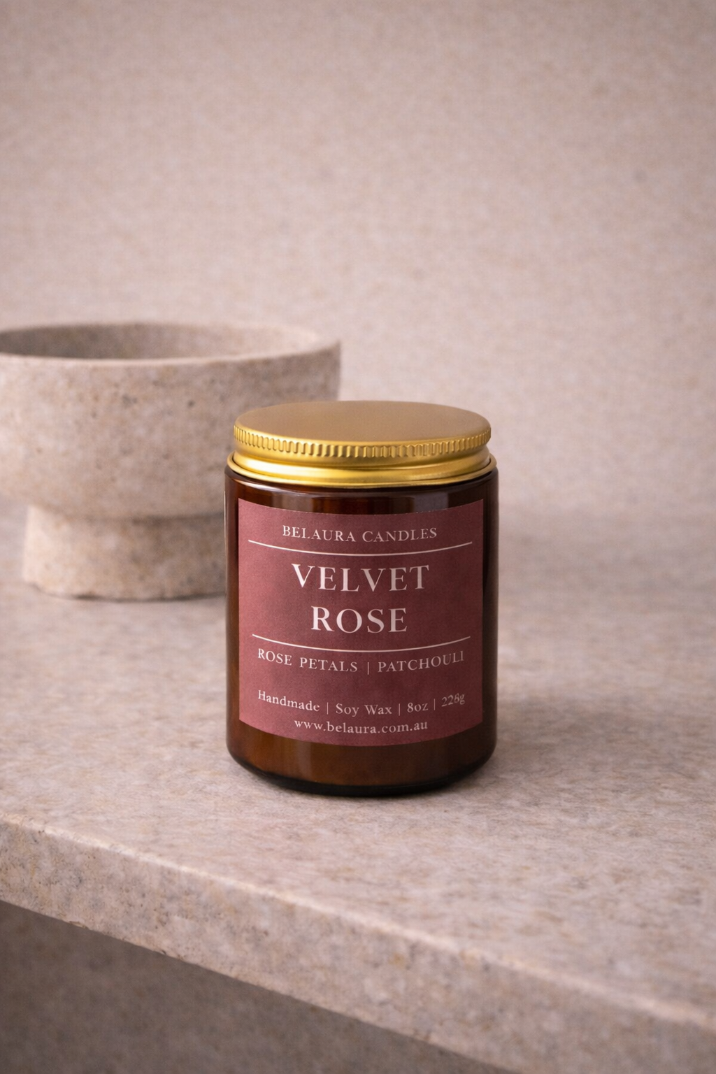 Velvet Rose soy candle styled for self-care rituals