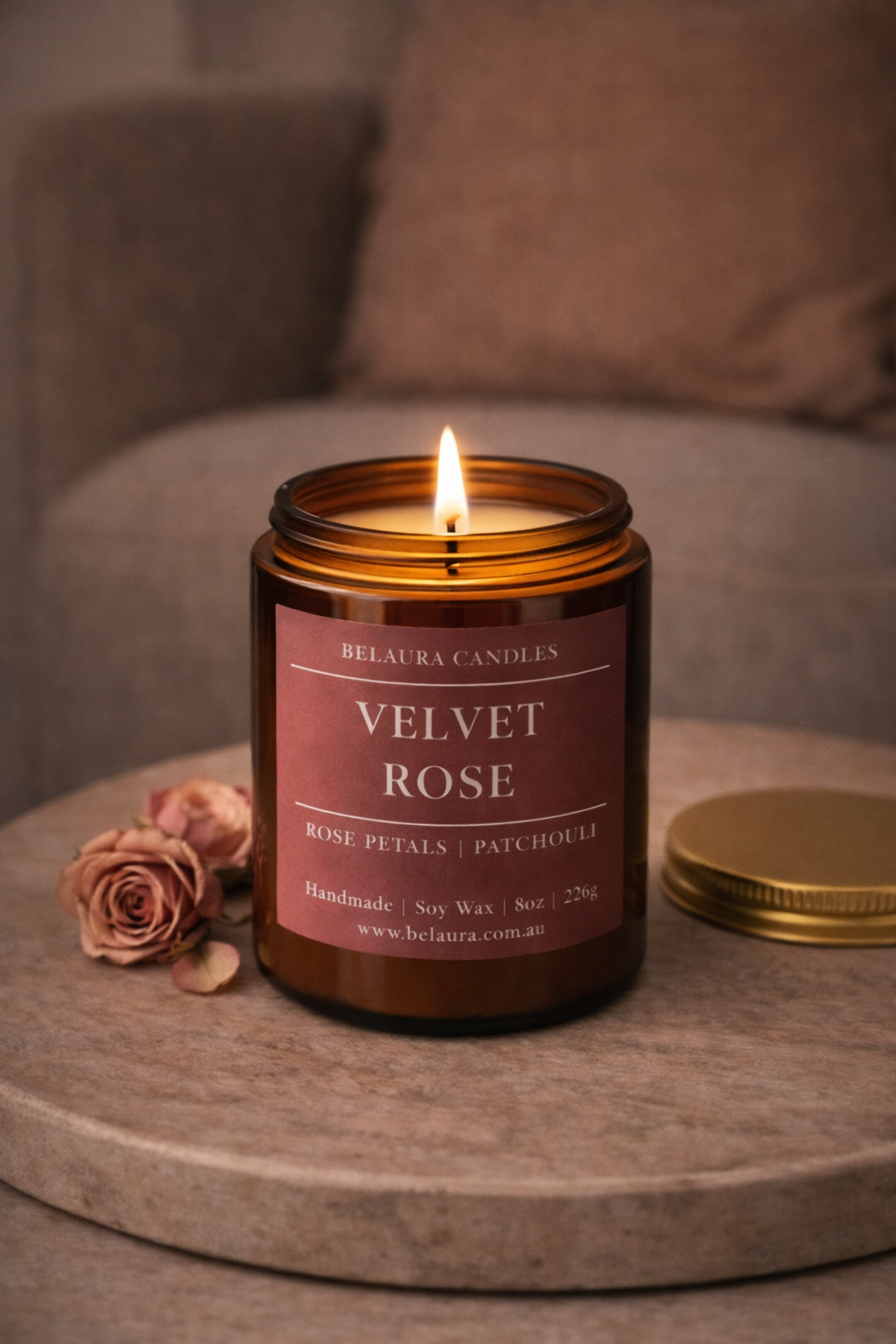 Velvet Rose candle burning for a calm floral atmosphere