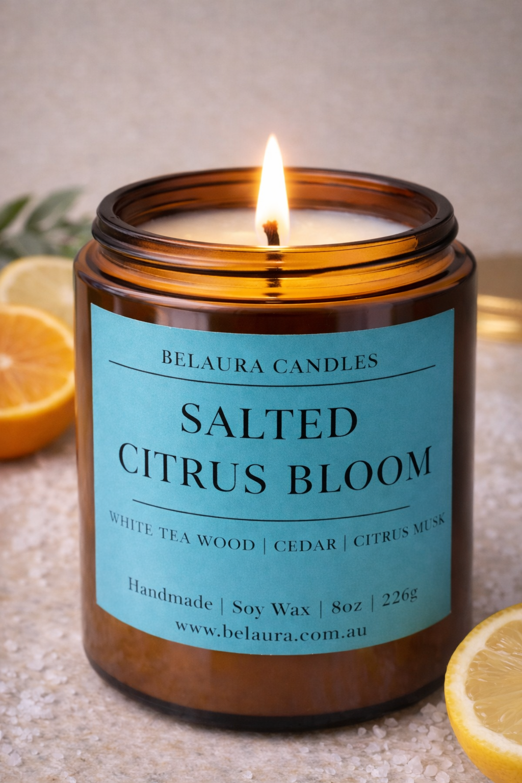 Hand-poured Salted Citrus Bloom soy candle with fresh citrus scent