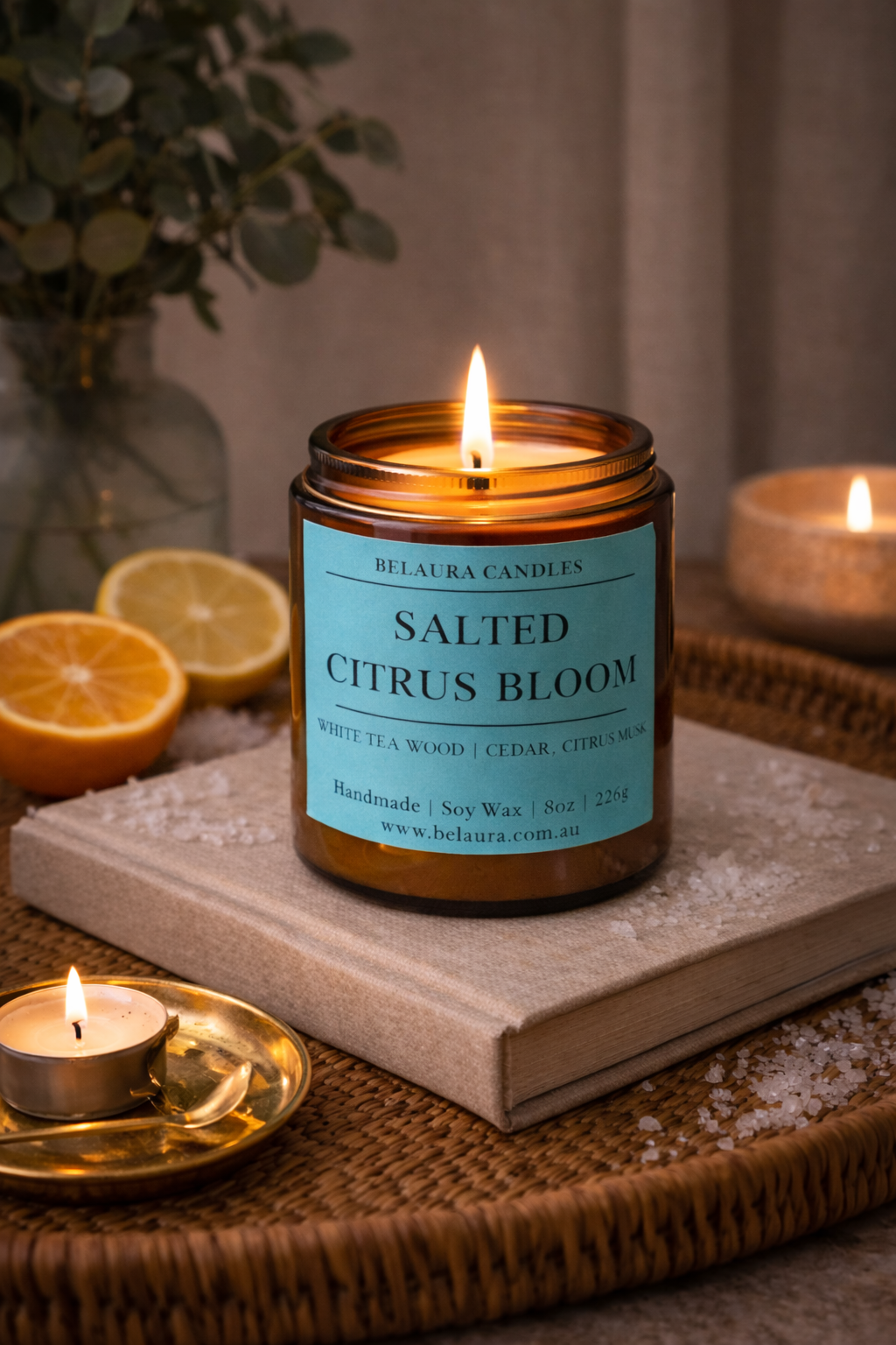 Salted Citrus Bloom soy candle styled for fresh home decor