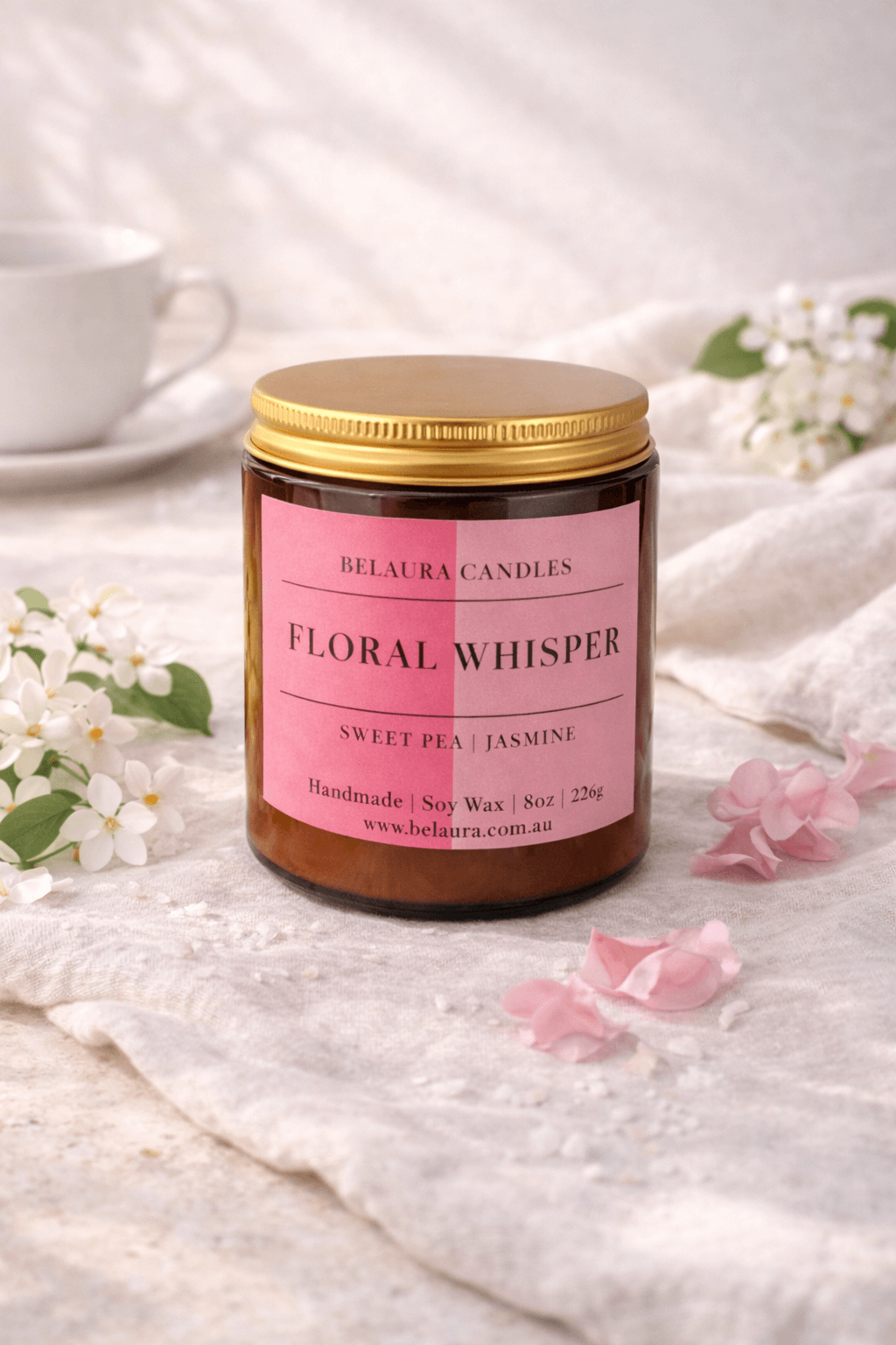Floral Whisper soy candle in amber glass jar by Belaura