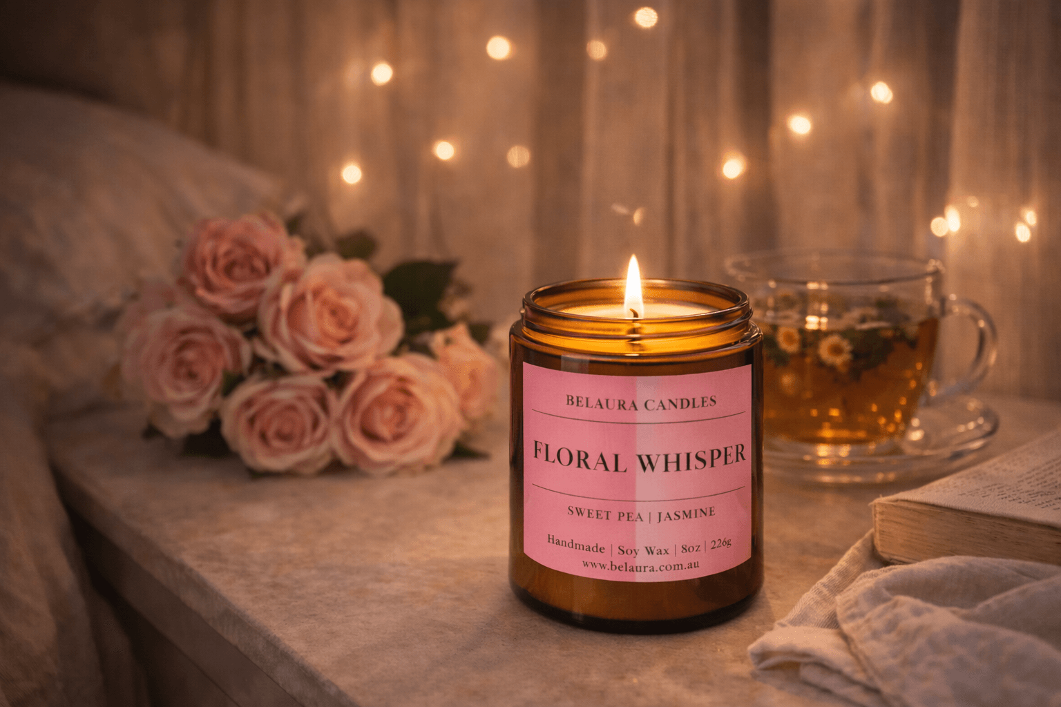 Floral Whisper soy candle styled for calm floral home decor